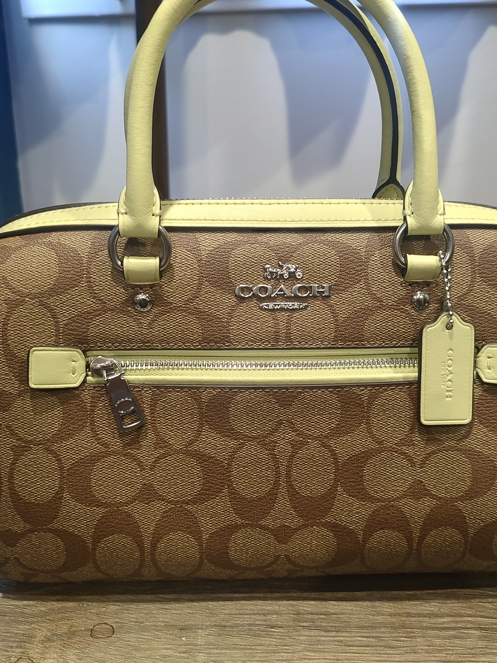 COACH Signature Canvas Satchel in Brown with Pale Yellow Trim